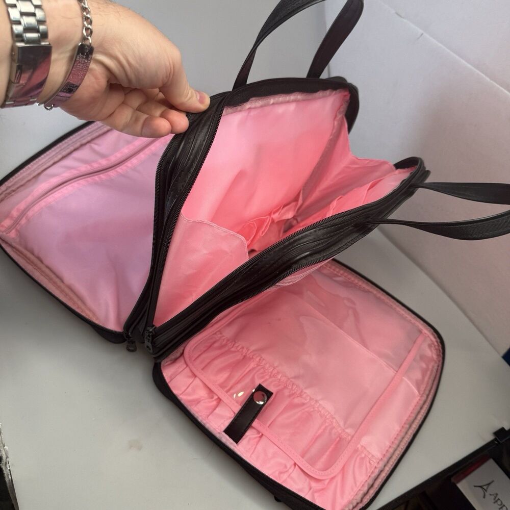 Modella Organizer Makeup Travel Bag XL Black Nylon Pink Liner 13x10 EUC - Picture 6 of 16